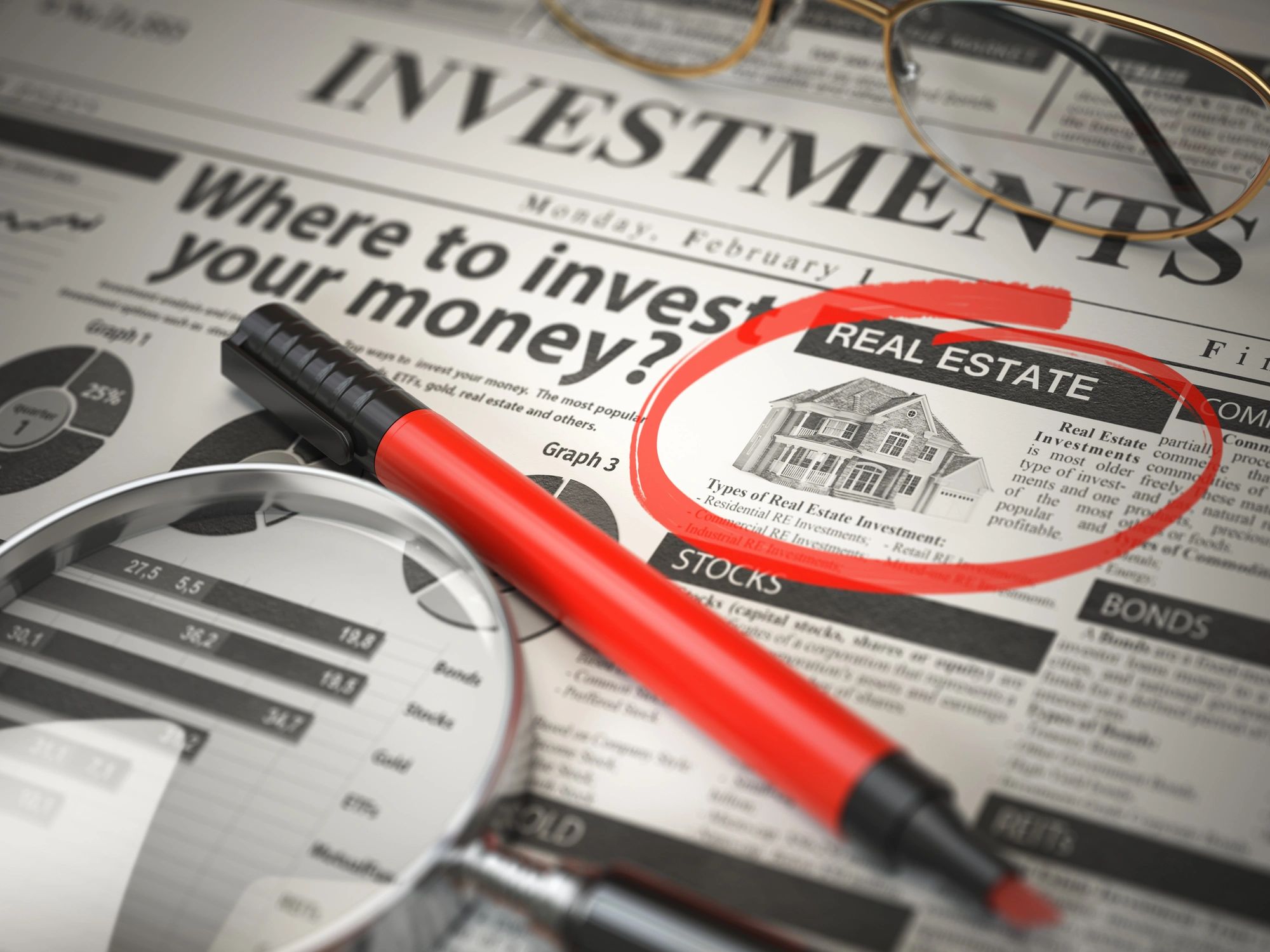 A newspaper with the headline " where to invest your money ?" and an image of real estate.