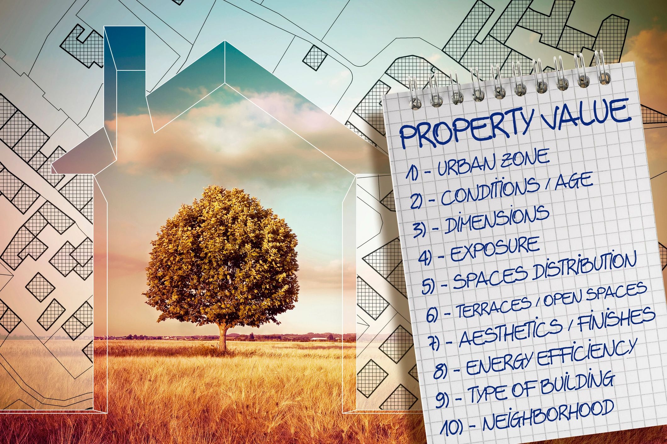 A tree in the middle of an image with some buildings and a house